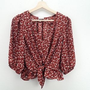 Sienna Sky brown 3/4 puff balloon sleeve vneck knotted front crop top peplum